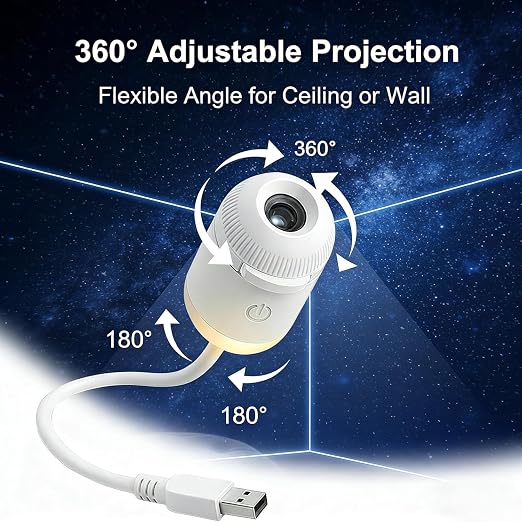 USB Galaxy Projector Night Light, 1 Projection Slides, Space Theme, Flexible Neck, White 002