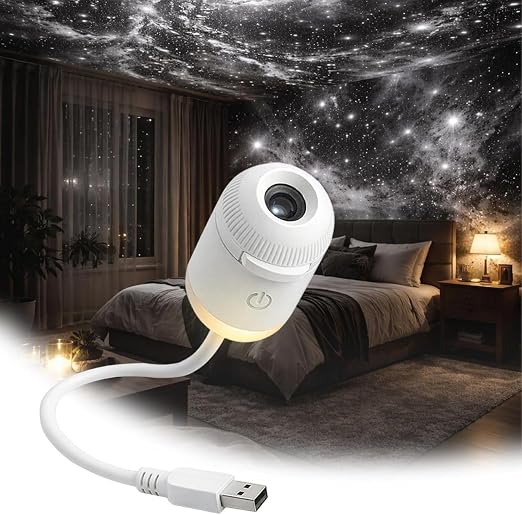 USB Galaxy Projector Night Light, 1 Projection Slides, Space Theme, Flexible Neck, White 002