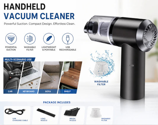 Car Vacuum Cleaner Portable USB Powered Handheld Vacuum with Attachments, High-Power Compressed Air Duster & Pet Hair Cleaner for Car, Desktop & Home (Black)