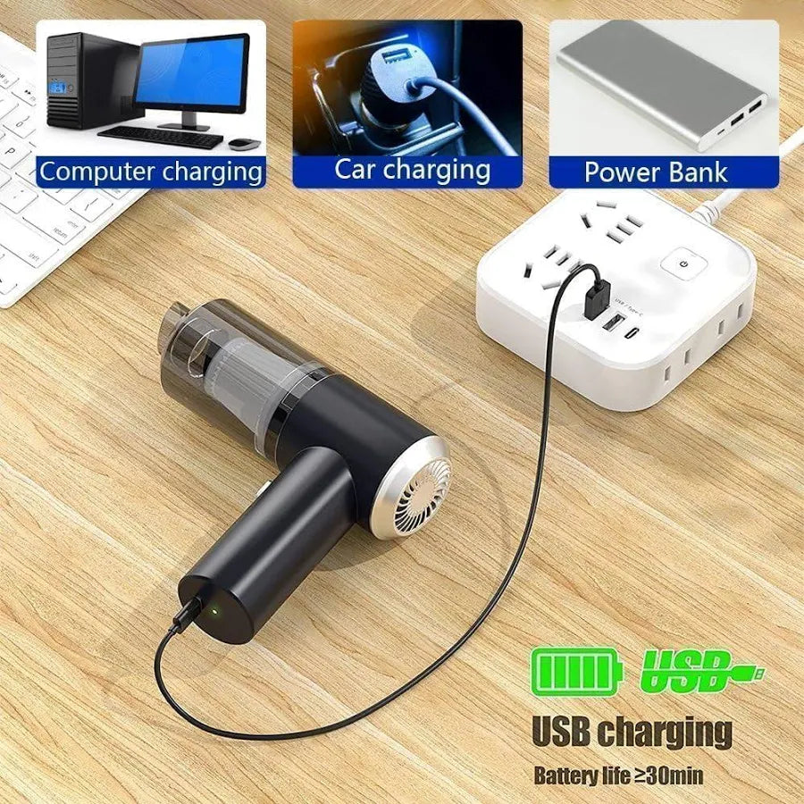 Car Vacuum Cleaner Portable USB Powered Handheld Vacuum with Attachments, High-Power Compressed Air Duster & Pet Hair Cleaner for Car, Desktop & Home (Black)